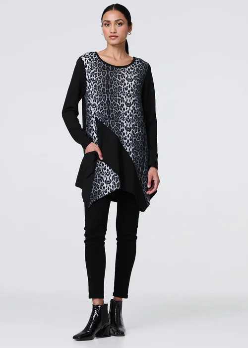 Izabel London Black Animal Print Asymmetric Hem Tunic - 8 Image 1