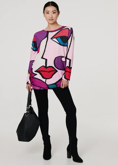 Izabel London Red Abstract Diamante Detail Tunic Top - Small/Medium Image 1