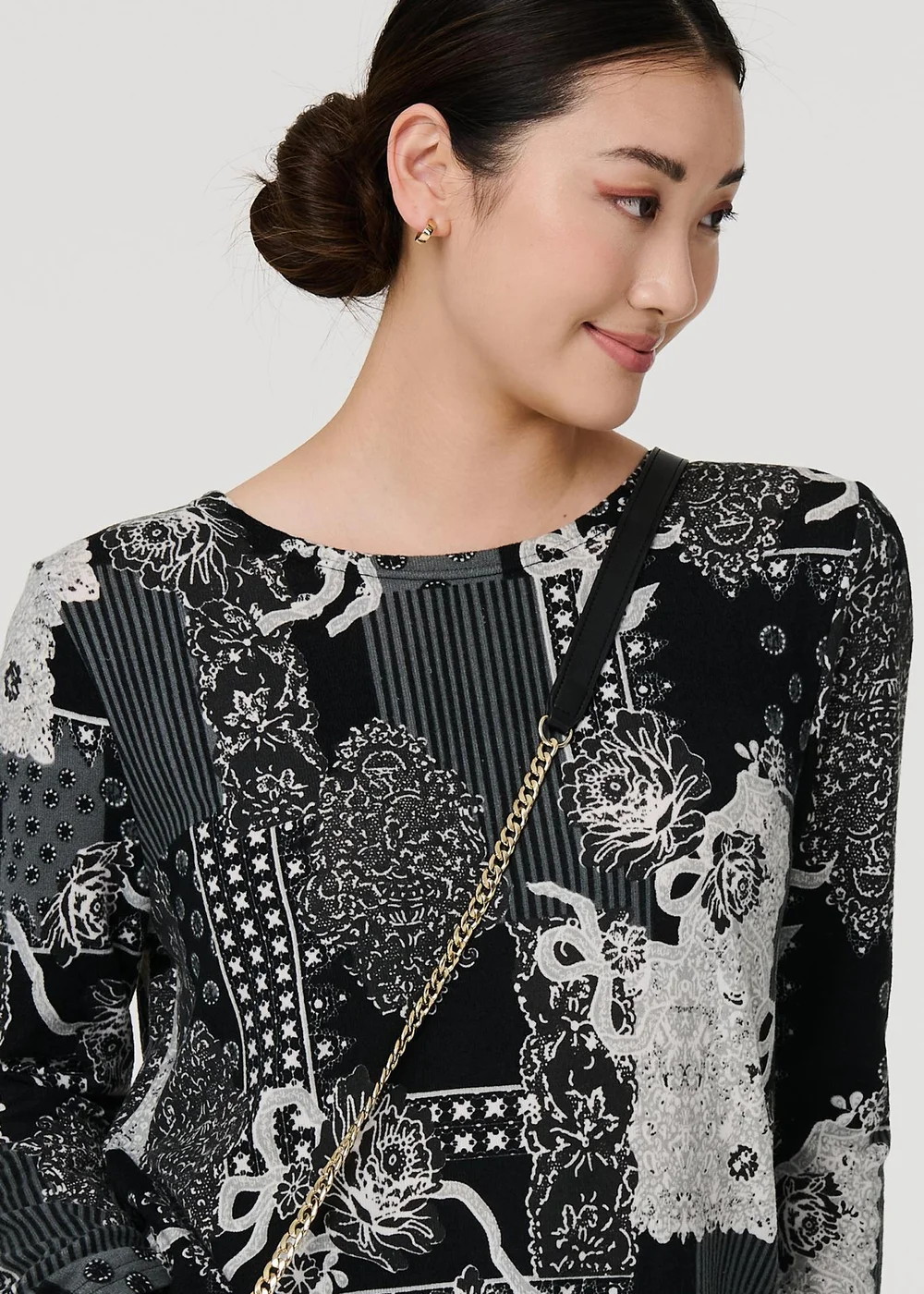 Izabel London Grey Patchwork Print Long Sleeve Tunic Top - 8 Image 2