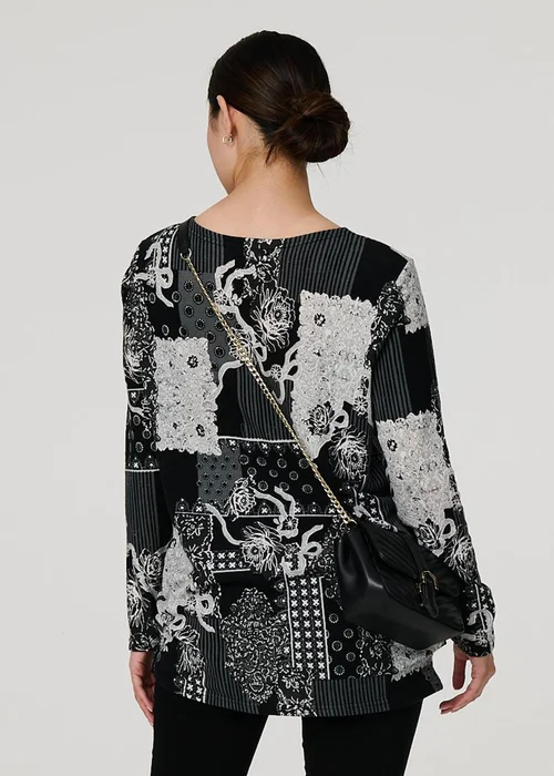 Izabel London Grey Patchwork Print Long Sleeve Tunic Top - 8 Image 3
