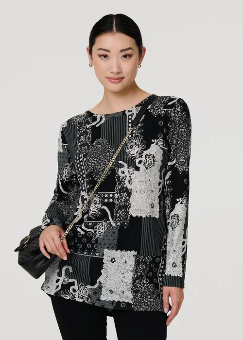 Izabel London Grey Patchwork Print Long Sleeve Tunic Top - 8 Image 4