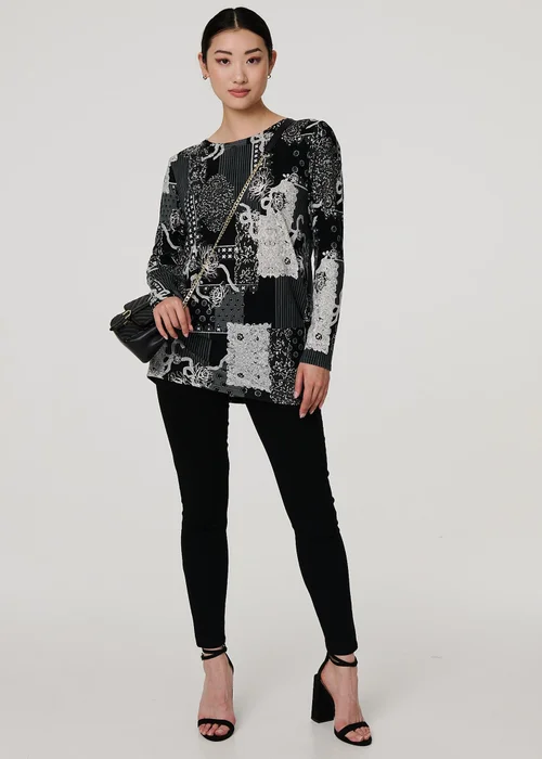 Izabel London Grey Patchwork Print Long Sleeve Tunic Top - 8 Image 1