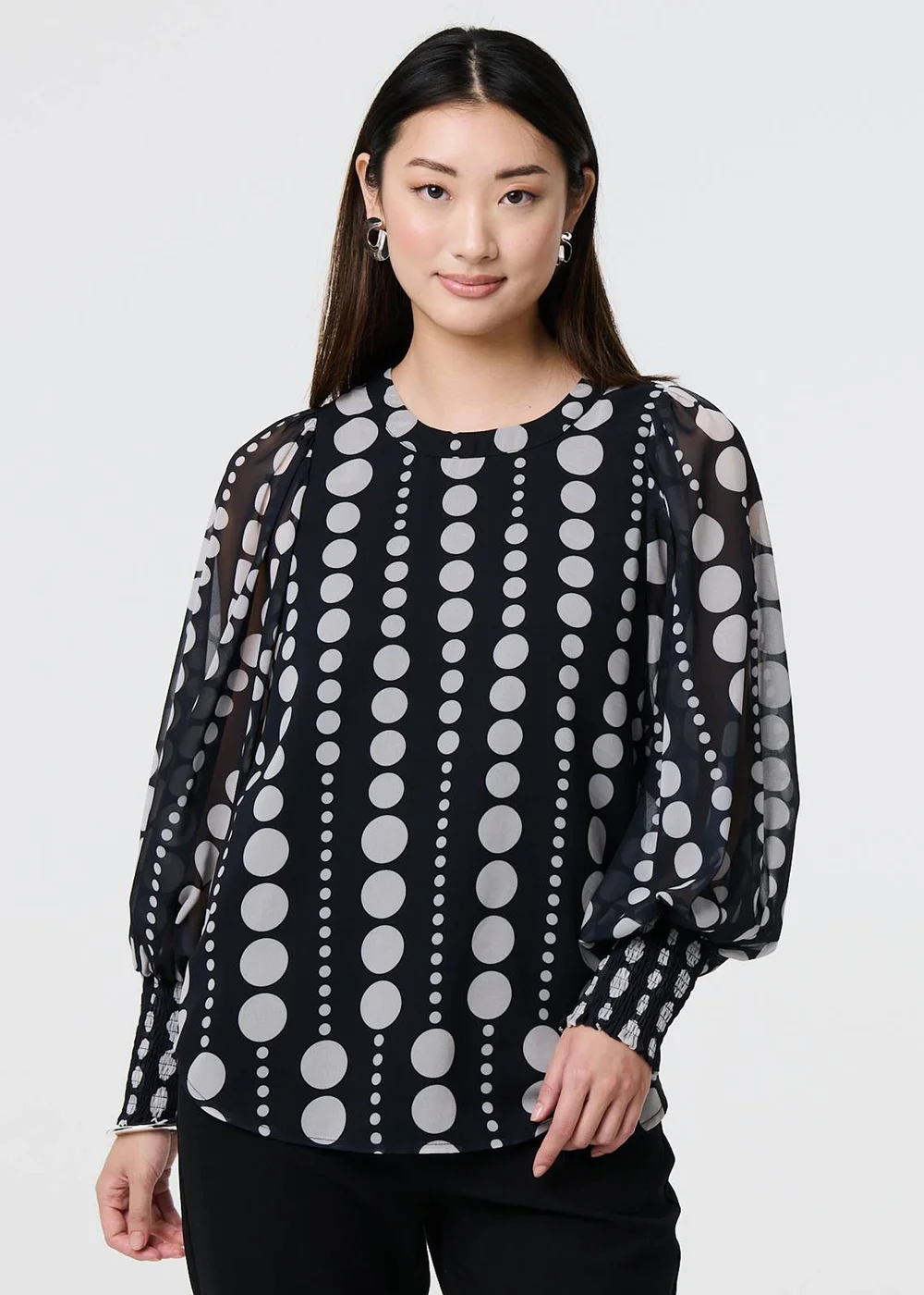 Izabel London Black Spotty Print Semi Sheer Puff Sleeve Blouse - 8 Image 4
