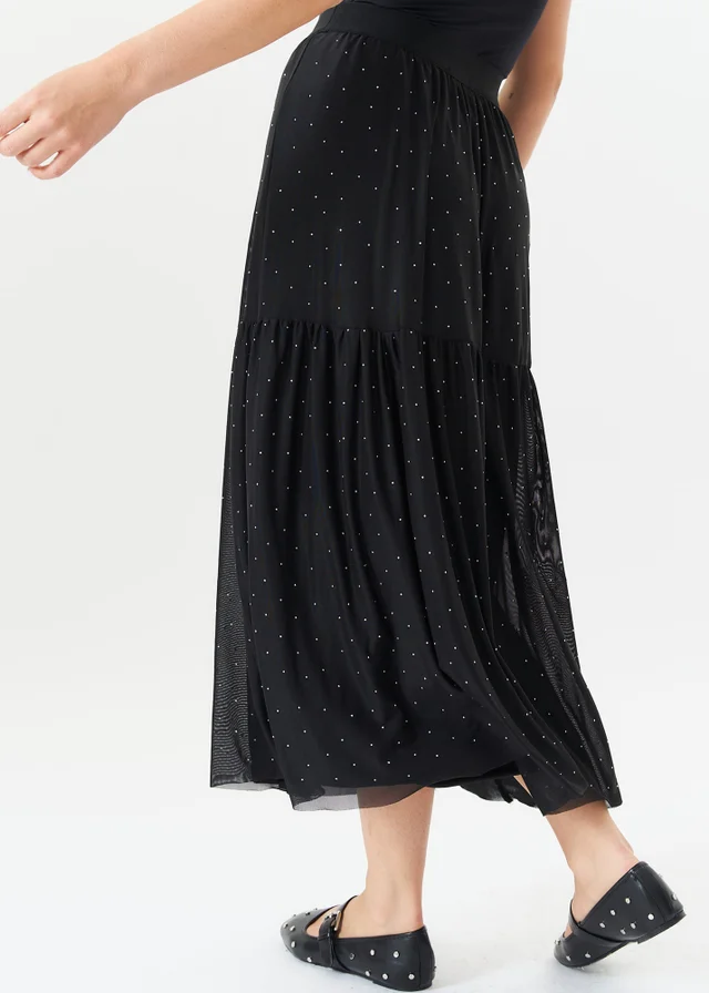 Gini London Black Diamante Mesh Maxi Skirt
