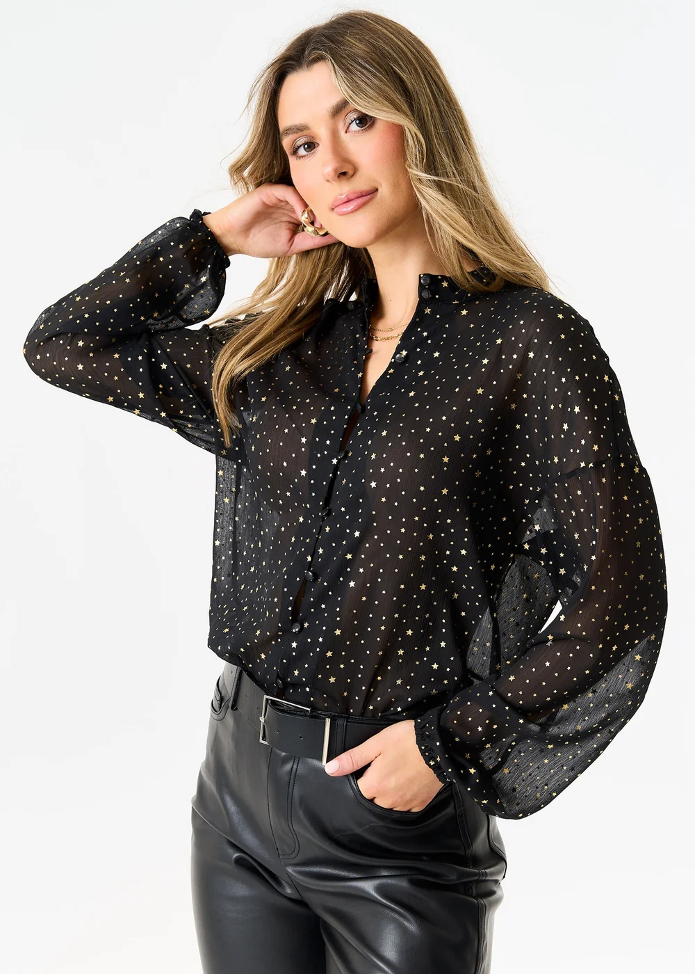 Gini London Black Star Print Button Through Blouse - S/M Image 4