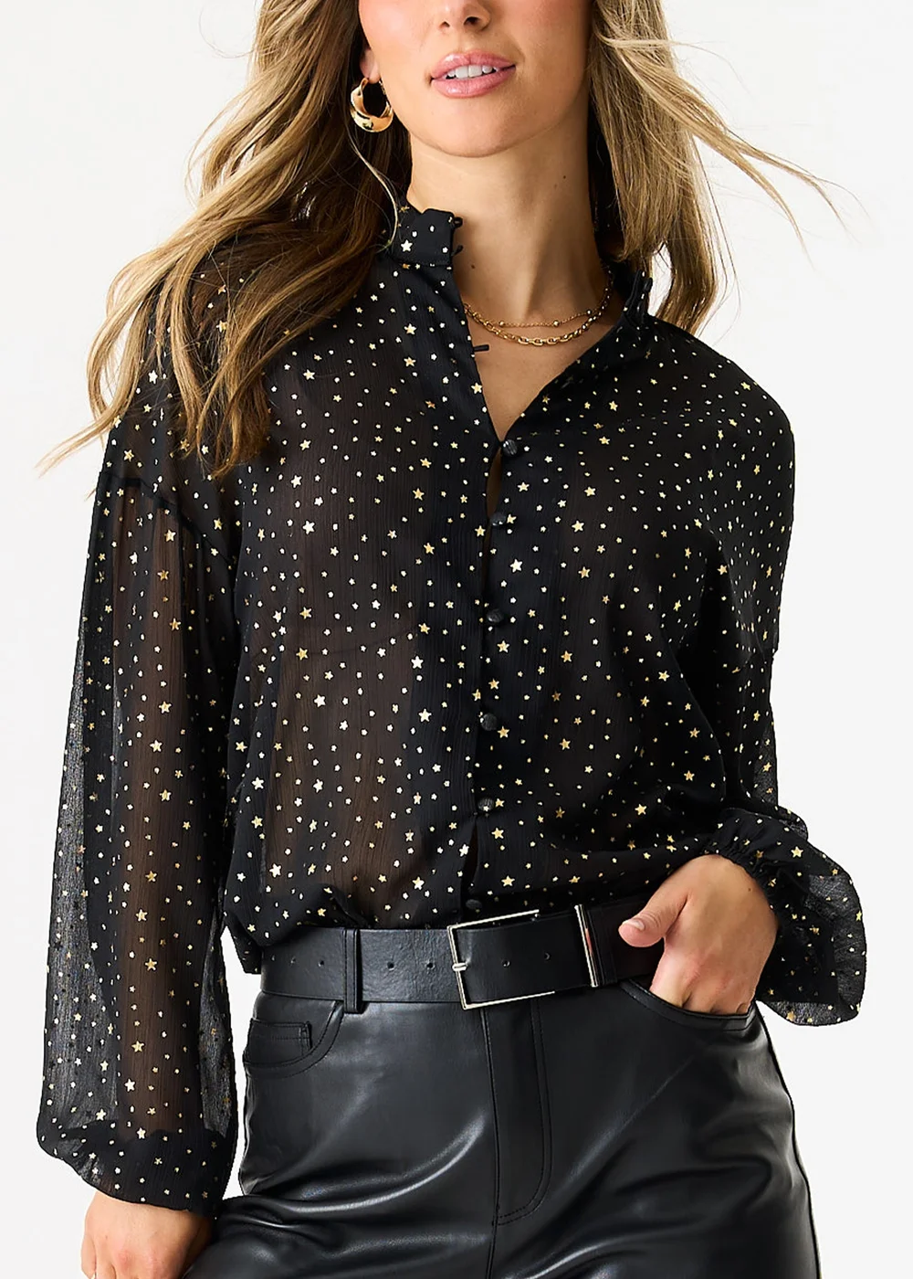 Gini London Black Star Print Button Through Blouse - S/M Image 3