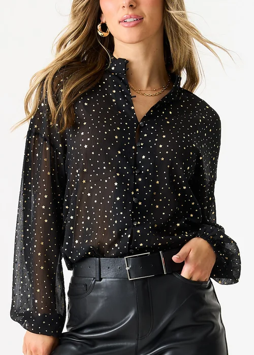 Gini London Black Star Print Button Through Blouse - S/M Image 3