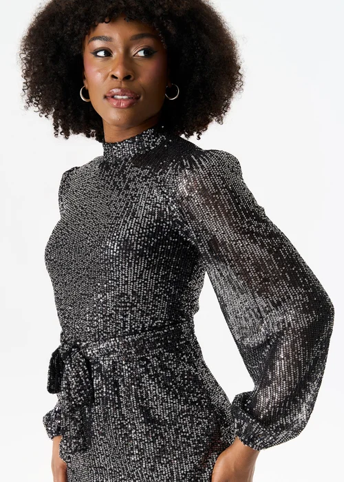 Gini London Black High Neck Long Sleeves Belted Sequin Dress - Size 8 Image 3