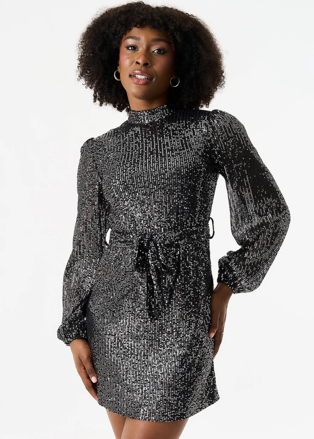 Gini London Black High Neck Long Sleeves Belted Sequin Dress - Size 8 Image 4