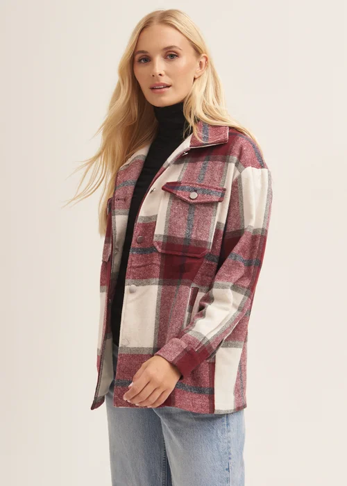 Gini London Burgundy Check Oversized Pocket Detail Shacket - S/M Image 4