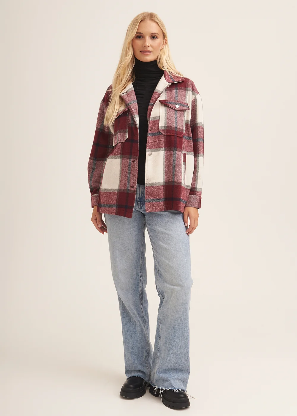 Gini London Burgundy Check Oversized Pocket Detail Shacket - S/M Image 1