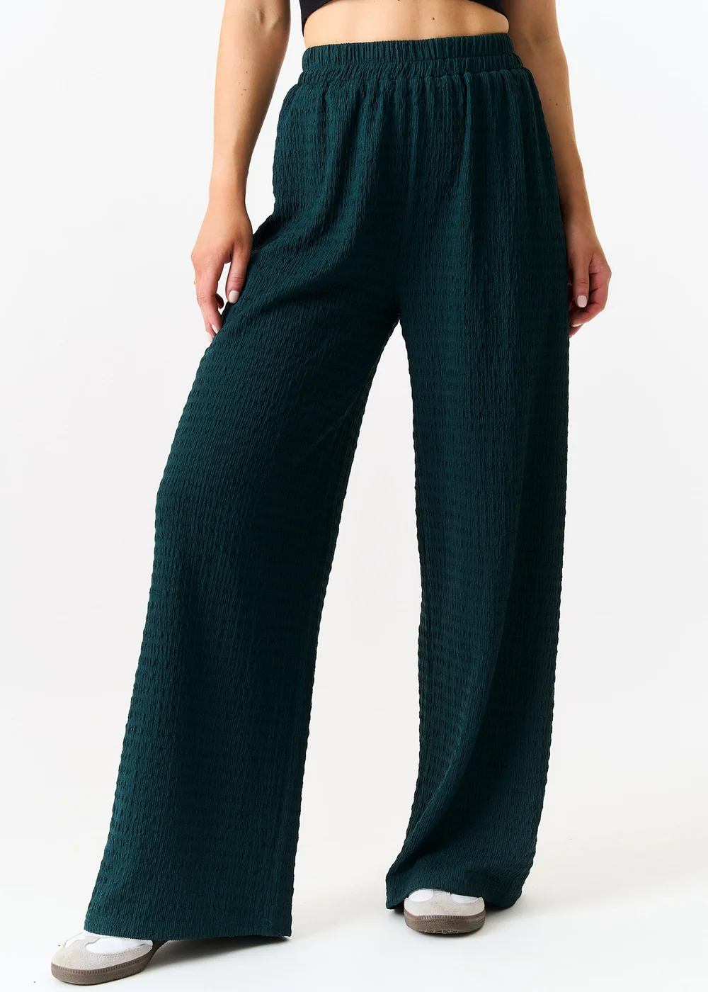 Gini London Bottle Green Textured Elastic Waist Pull On Trousers - S/M Image 4