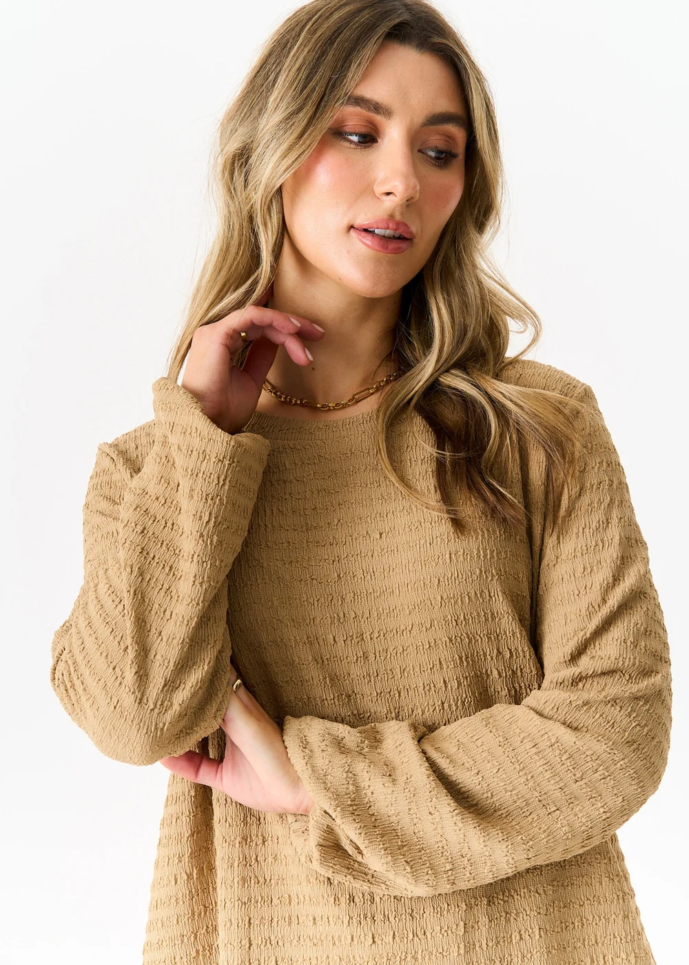 Gini London Camel Textured Long Sleeves Oversized Top - S/M Image 3