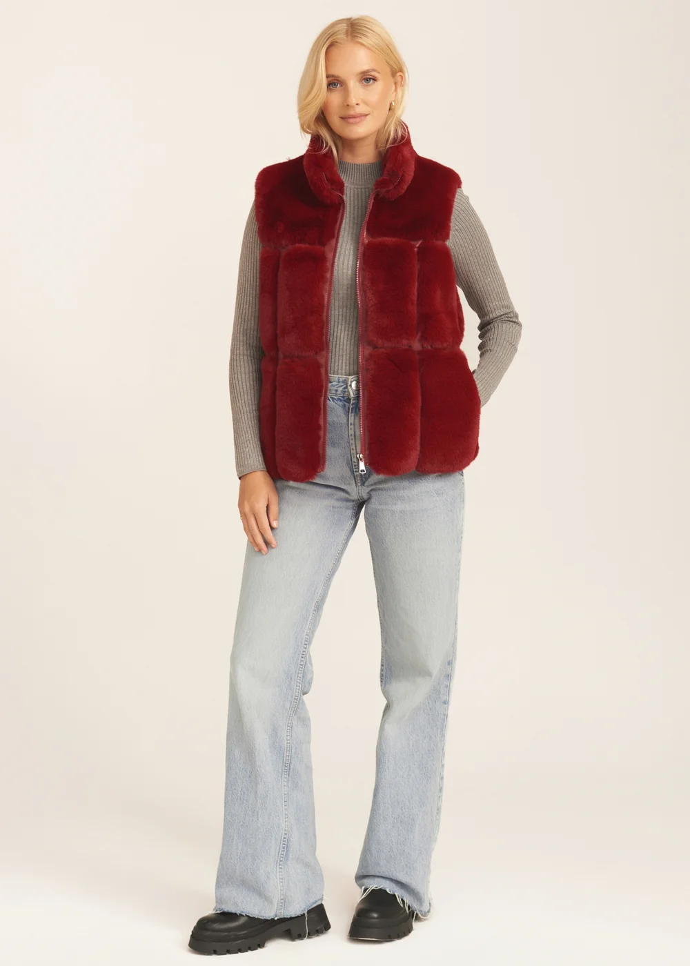 Gini London Red Faux Fur Zip Front Gilet - S/M Image 1