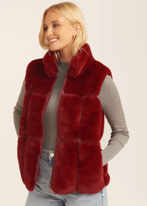 Gini London Red Faux Fur Zip Front Gilet - S/M Image 3