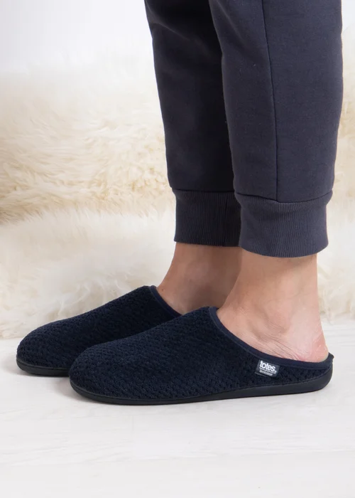 Totes Isotoner Navy Swept Back Popcorn Mule Slipper - 8 Image 2