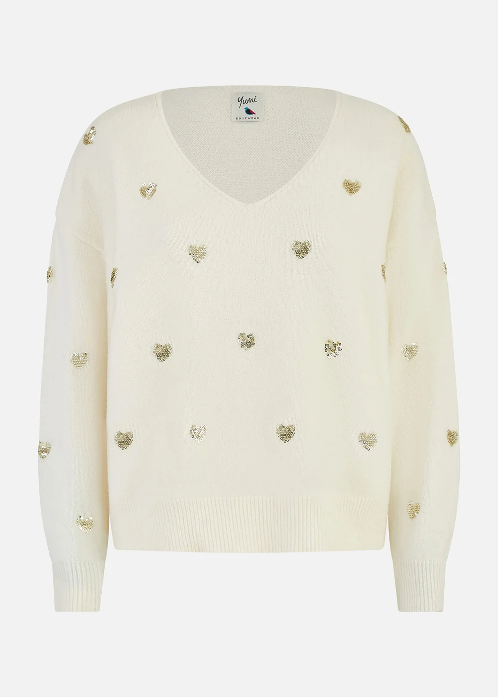 Yumi Ivory Sequin Heart V Neck Jumper - S/M Image 3