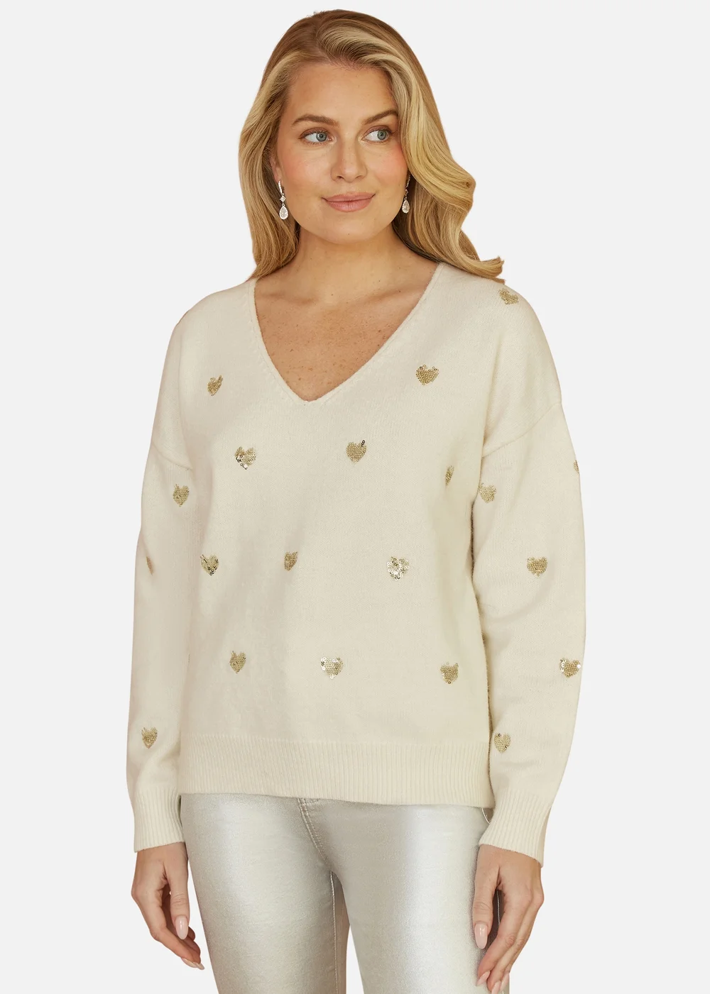 Yumi Ivory Sequin Heart V Neck Jumper - S/M Image 2