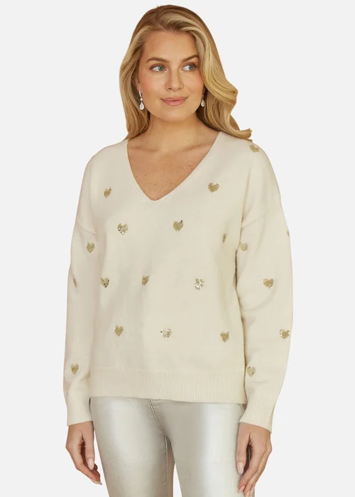 Yumi Ivory Sequin Heart V Neck Jumper - S/M Image 2