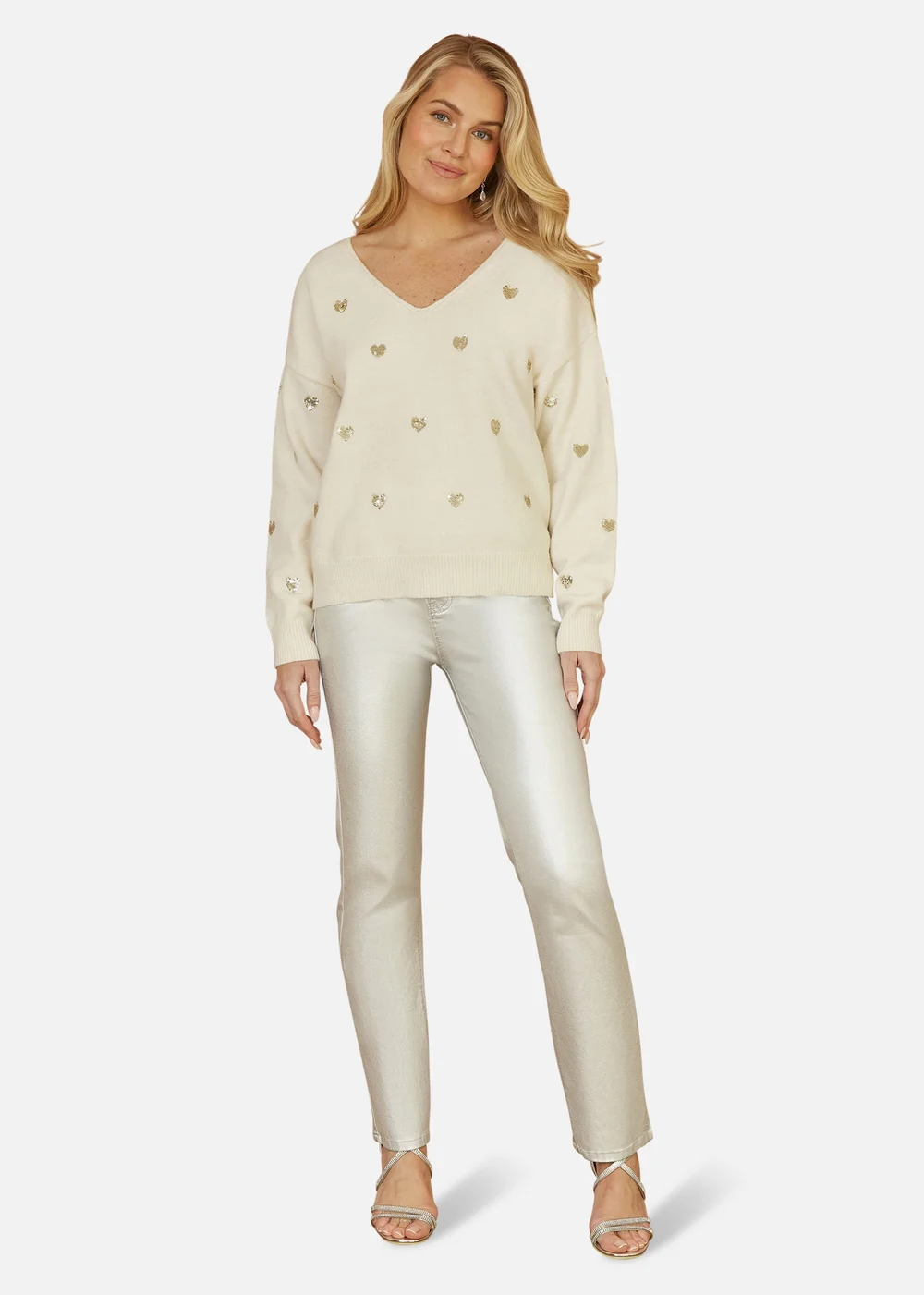 Yumi Ivory Sequin Heart V Neck Jumper - S/M Image 1