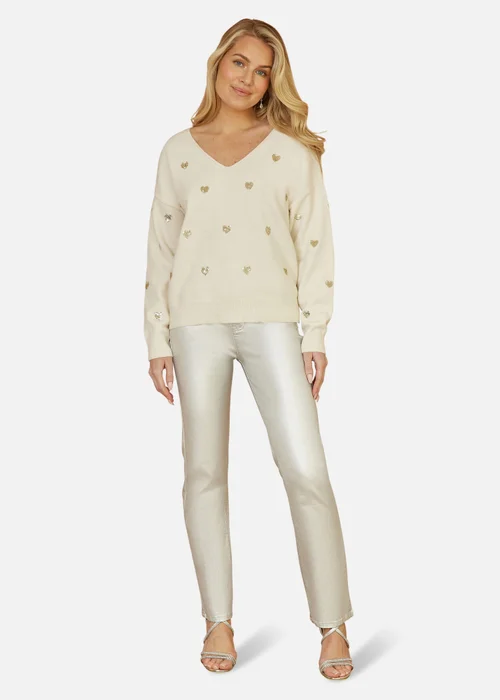 Yumi Ivory Sequin Heart V Neck Jumper - S/M Image 1