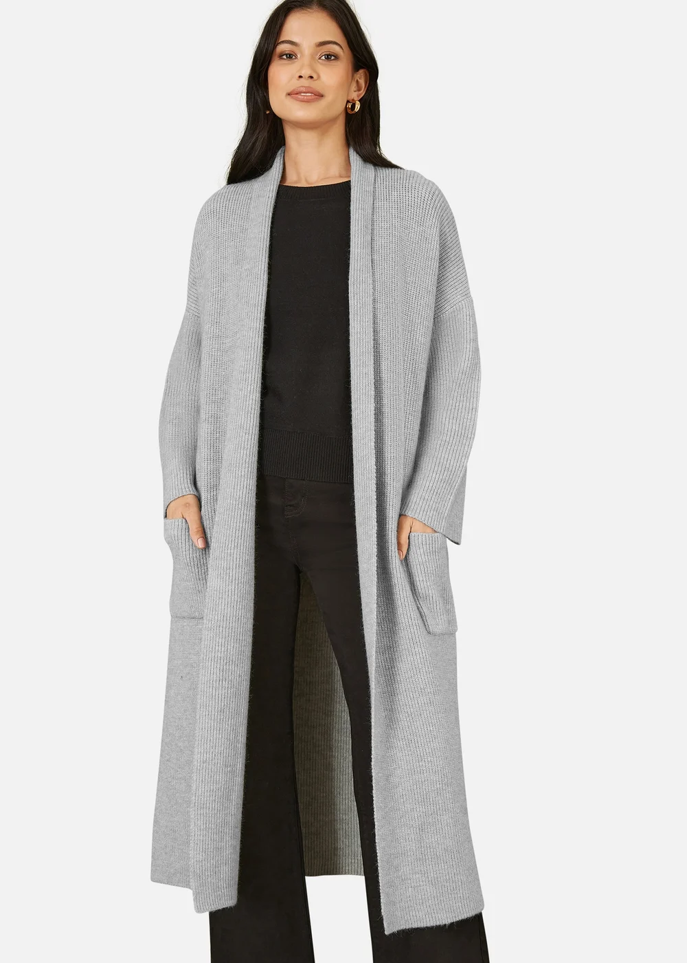 Yumi Grey Knitted Maxi Cardigan With Pockets - S Image 2