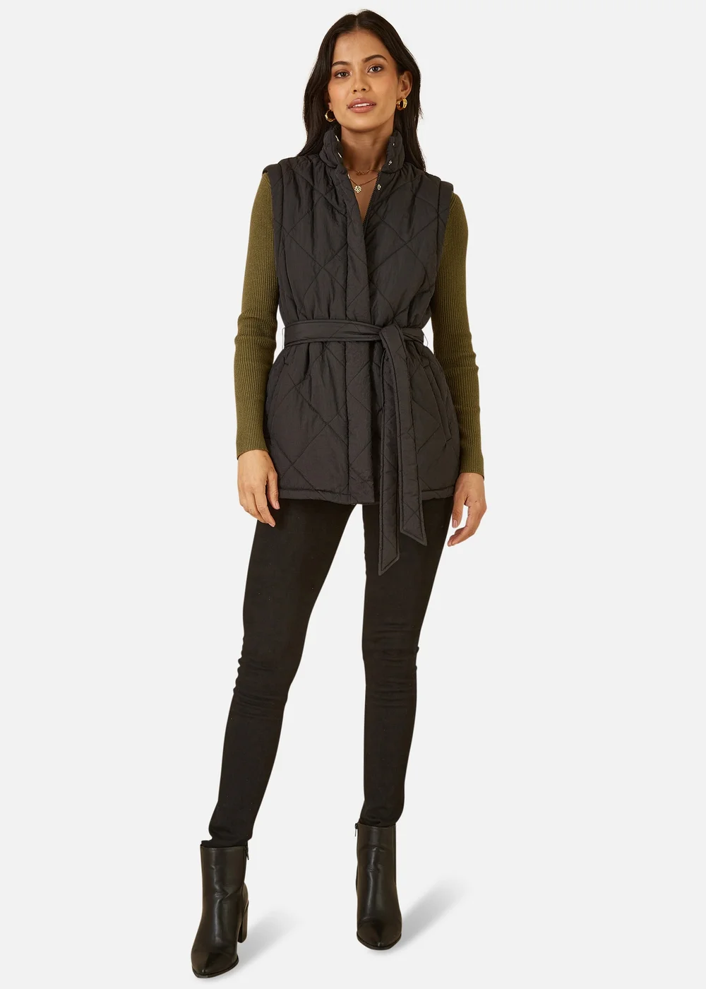 Yumi Black High Neck Quilted Gilet With Belt - 8 Image 1