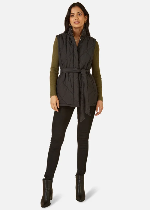 Yumi Black High Neck Quilted Gilet With Belt - 8 Image 1