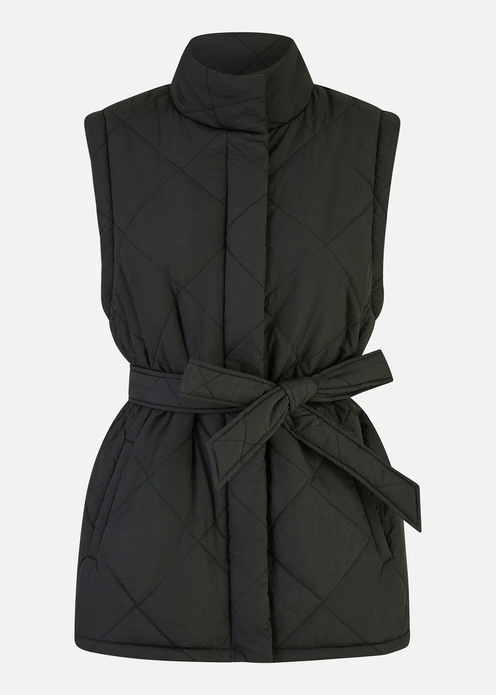 Yumi Black High Neck Quilted Gilet With Belt - 8 Image 3