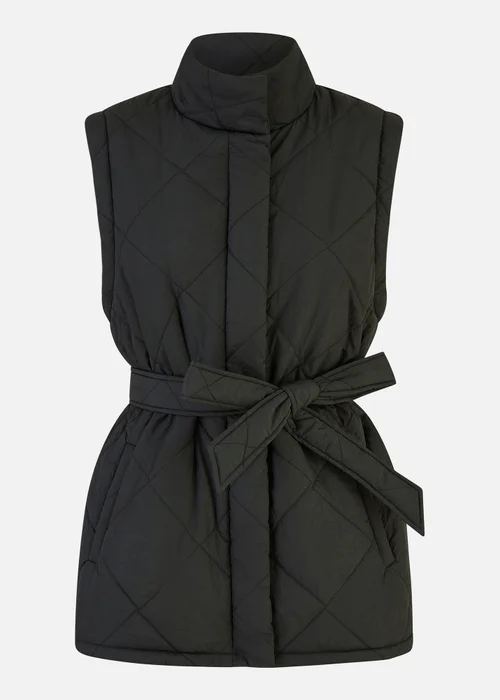 Yumi Black High Neck Quilted Gilet With Belt - 8 Image 3