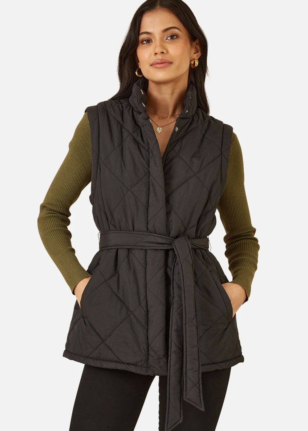 Yumi Black High Neck Quilted Gilet With Belt - 8 Image 2