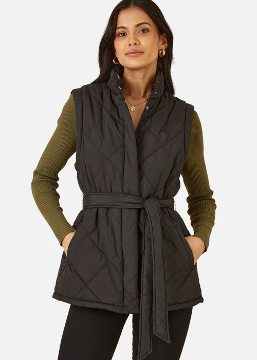 Yumi Black High Neck Quilted Gilet With Belt - 8 Image 2