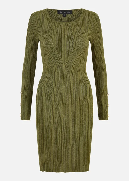 Yumi Green Shimmer Fitted Midi Dress With Button - S Image 3