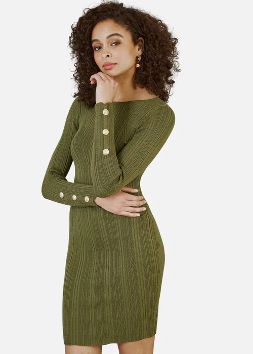 Yumi Green Shimmer Fitted Midi Dress With Button - S Image 2