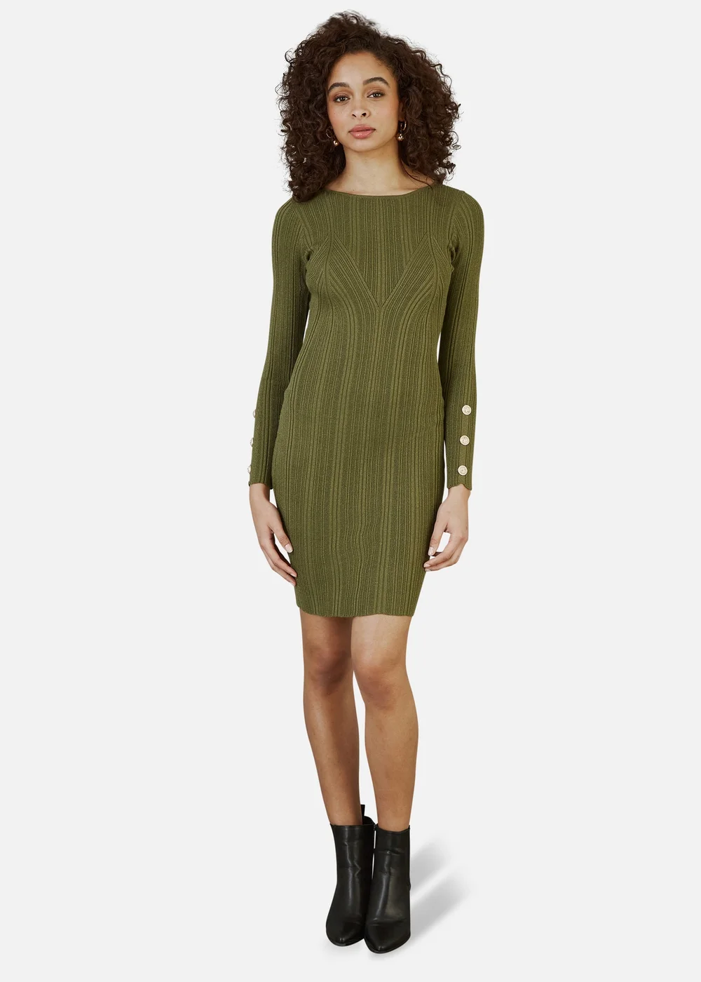 Yumi Green Shimmer Fitted Midi Dress With Button - S Image 1