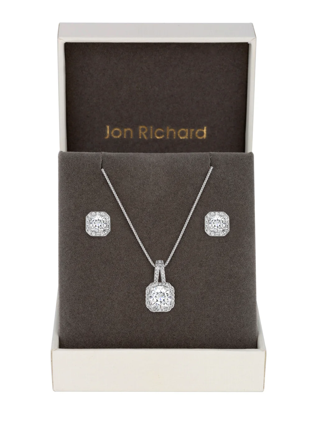 Silver Plated Cubic Zirconia Square Drop Pendant And Earring Set - Gift Boxed - One Size Image 1