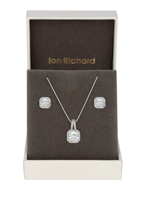 Silver Plated Cubic Zirconia Square Drop Pendant And Earring Set - Gift Boxed - One Size Image 1