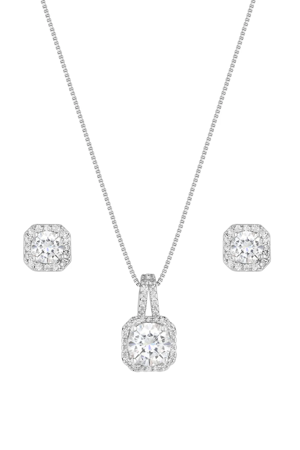 Silver Plated Cubic Zirconia Square Drop Pendant And Earring Set - Gift Boxed - One Size Image 2