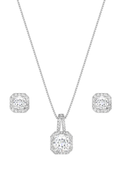 Silver Plated Cubic Zirconia Square Drop Pendant And Earring Set - Gift Boxed - One Size Image 2