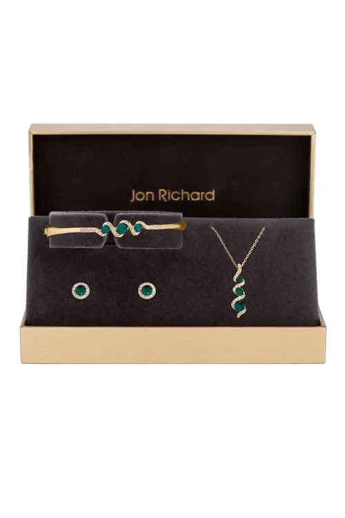Jon Richard Gold Plated Emerald And Crystal Twist Drop Trio Set - Gift Box - One Size Image 1