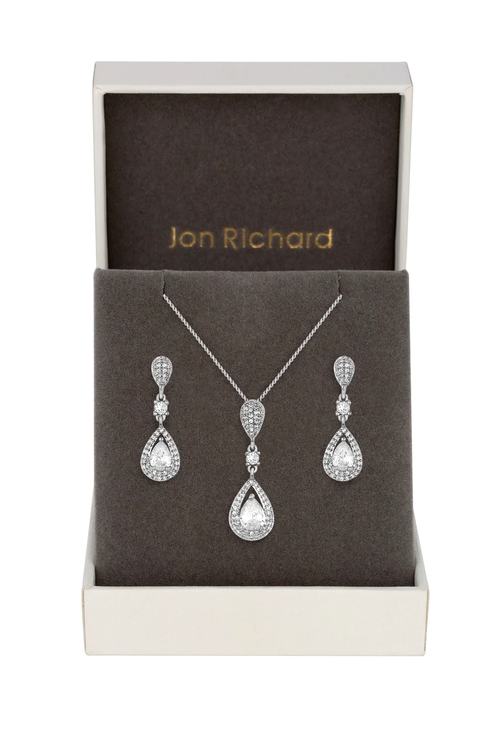 Silver Plated Clear Crystal Pave 3 Tier Pear Drop Matching Set - Gift Box - One Size Image 1
