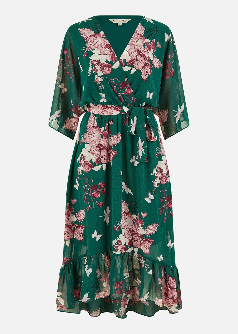Yumi Green Floral Kimono Dipped Hem Dress - Size 8 Image 3