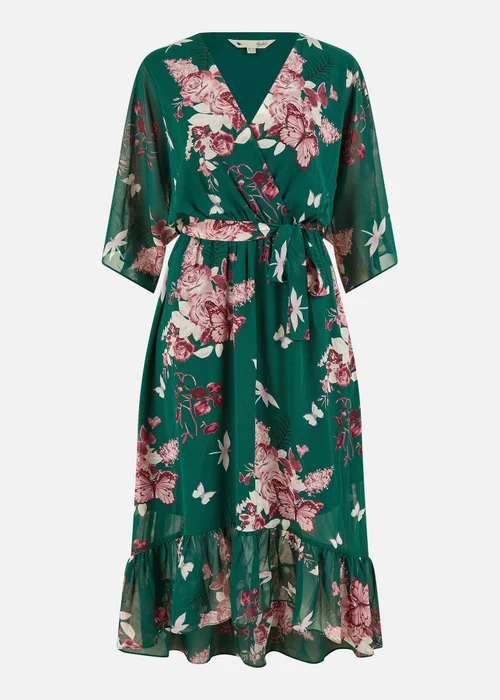 Yumi Green Floral Kimono Dipped Hem Dress - Size 8 Image 3