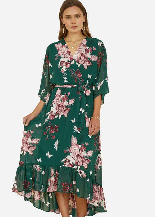 Yumi Green Floral Kimono Dipped Hem Dress - Size 8 Image 2