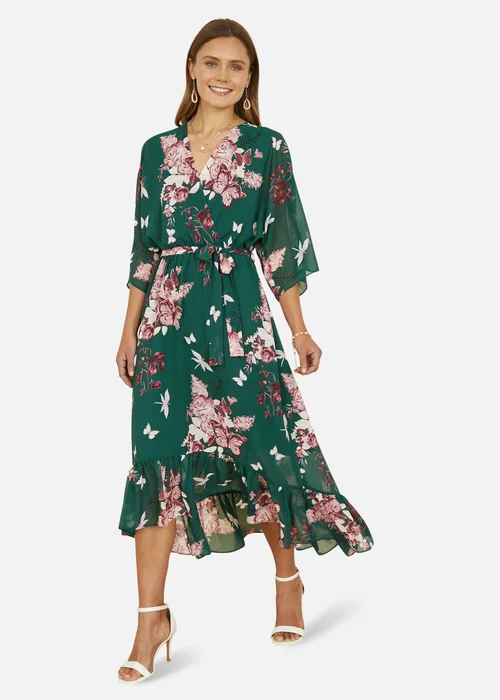 Yumi Green Floral Kimono Dipped Hem Dress - Size 8 Image 1