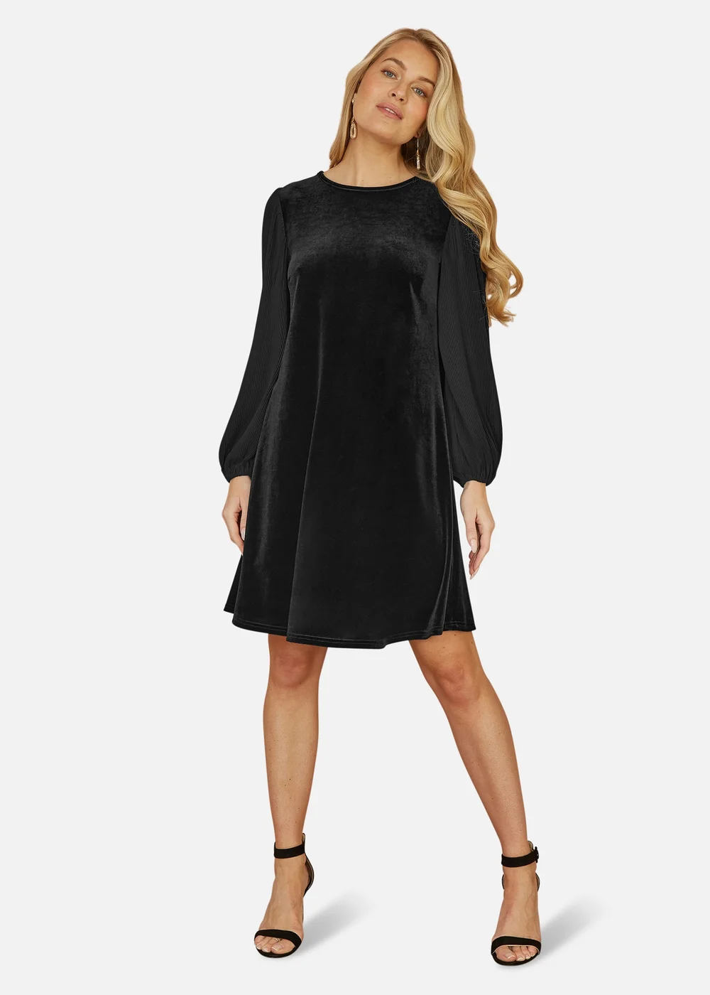 Yumi Black Velvet Tunic Dress with Pleated Balloon Sleeves And Tie Back - 8 Image 1