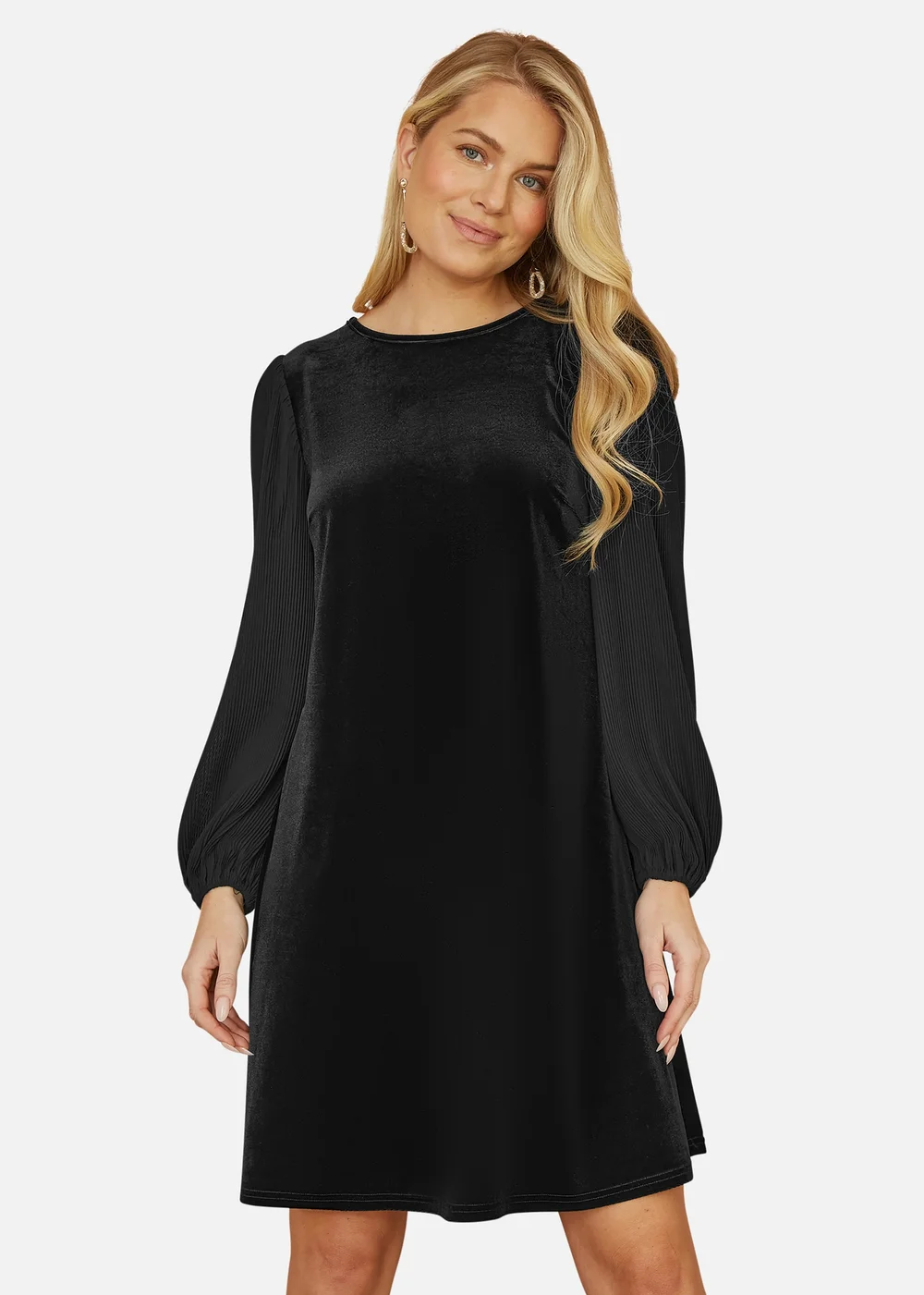 Yumi Black Velvet Tunic Dress with Pleated Balloon Sleeves And Tie Back - 8 Image 2