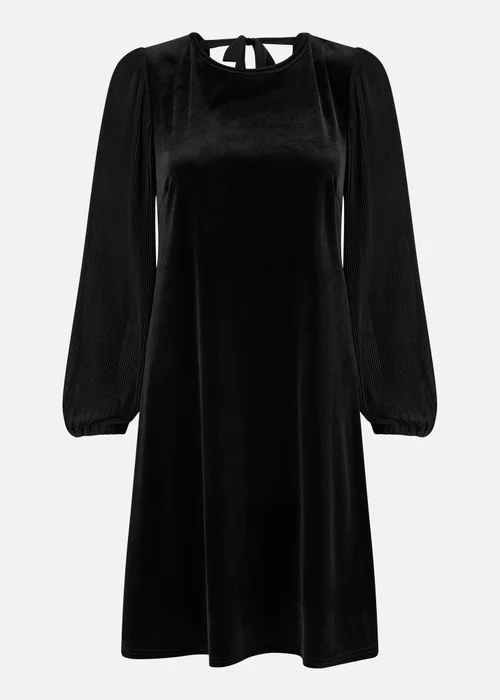 Yumi Black Velvet Tunic Dress with Pleated Balloon Sleeves And Tie Back - 8 Image 3