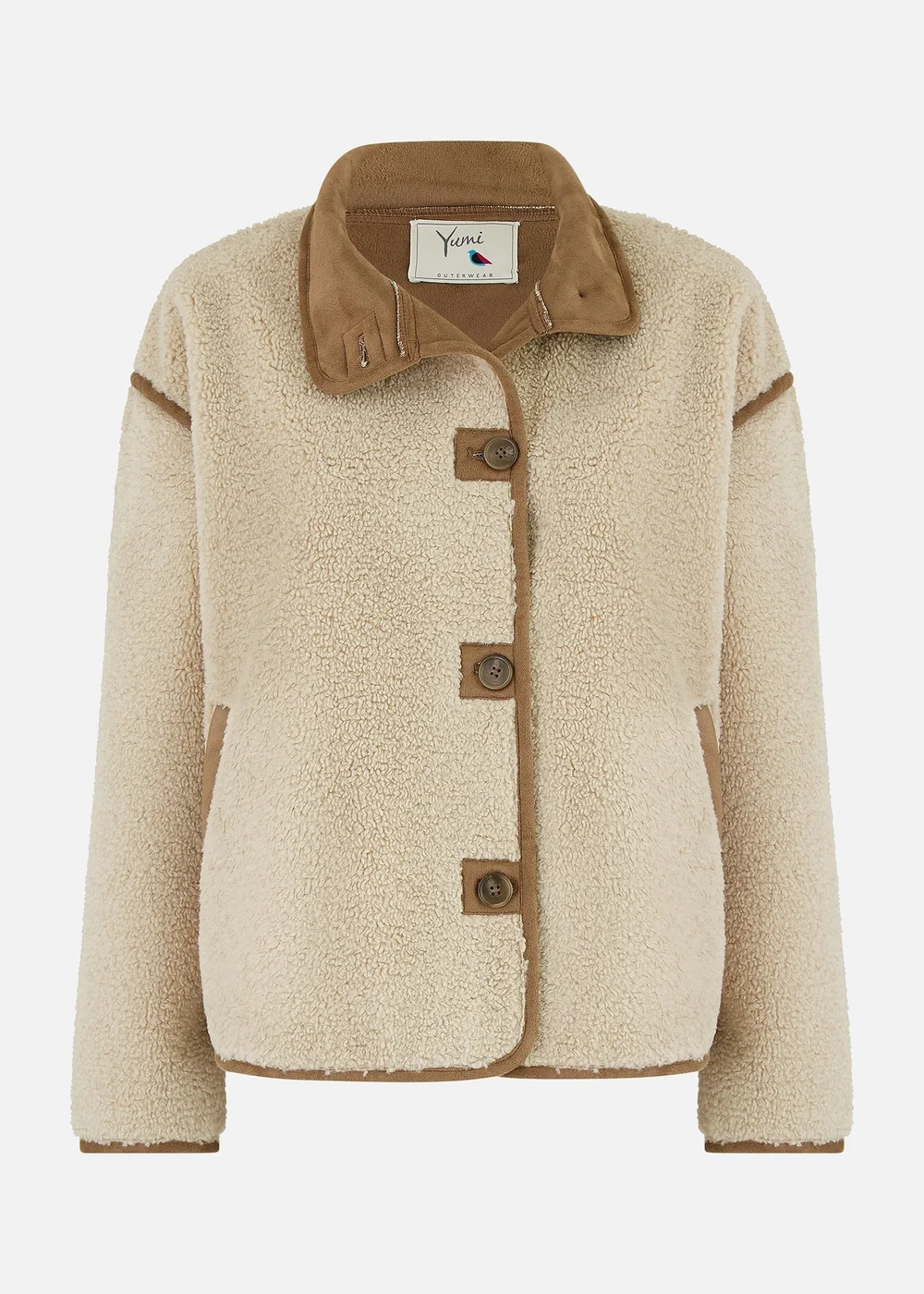 Yumi Cream Borg High Neck Jacket With Faux Leather Trims - 8 Image 3