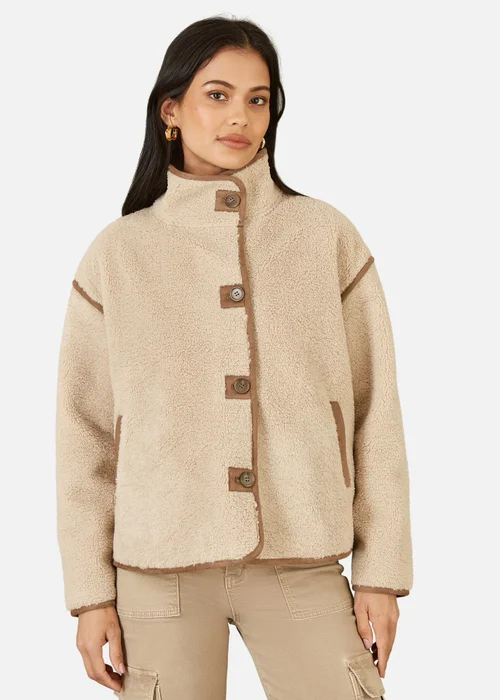 Yumi Cream Borg High Neck Jacket With Faux Leather Trims - 8 Image 2